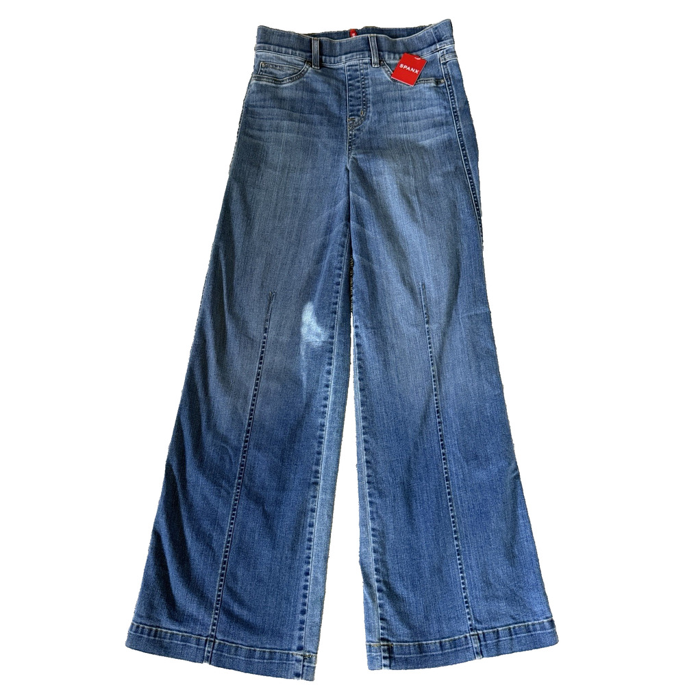 NEW $168 SPANX SMALL Seamed Front Wide Leg Denim Vintage Indigo Pull-on Jeans 32 - Picture 5 of 9
